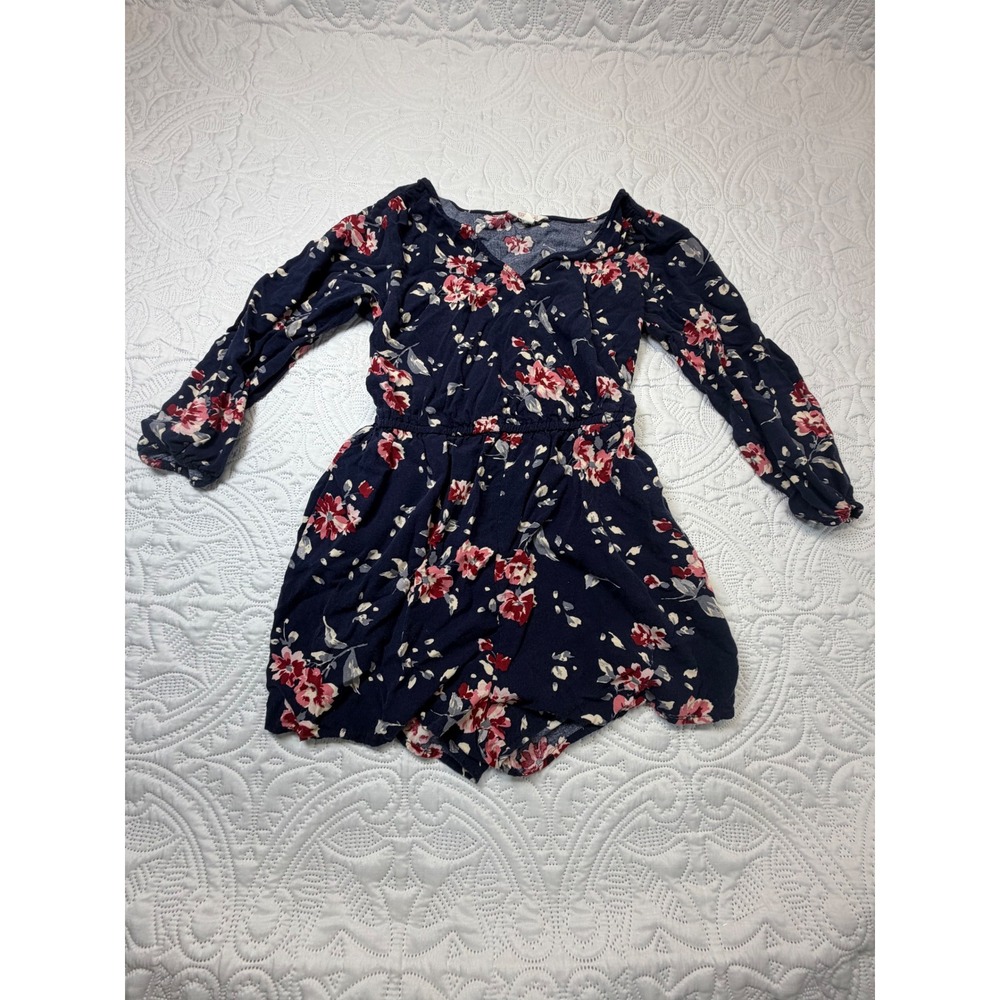 Cape Juby Navy Floral Long Sleeve Romper Womens XS V-Neck Rayon Elastic Waist